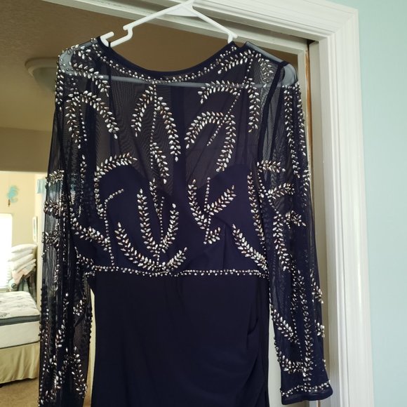 Betsy & Adam Navy and Silver Embellished Gown - Picture 2 of 4